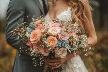 Closeup of a wedding bouquet, held by a bride, featuring a mix of peach, blush, and pastel pink roses, accented with baby's breath and small blue flowers. The bouquet is a large, full arrangement