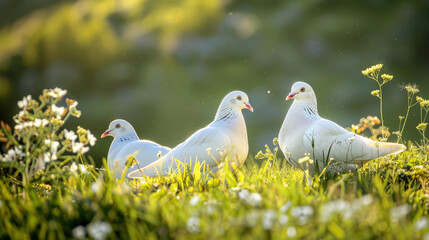 White pigeons basking in sunlight on grassy hill, surrounded by flowers