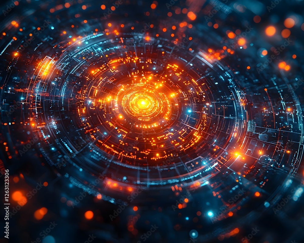 Poster vibrant tech mandala symbolizing advanced computational fusion of neural pathways and quantum partic