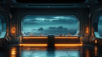 Obraz premium Futuristic spaceship bar overlooking a tranquil ocean vista