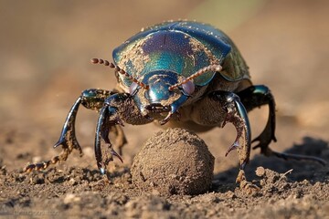 A iridescent dung beetle, showcasing its intricate exoskeleton detail, skillfully maneuvering a ball of dung, highlighting the natural behavior of insect.