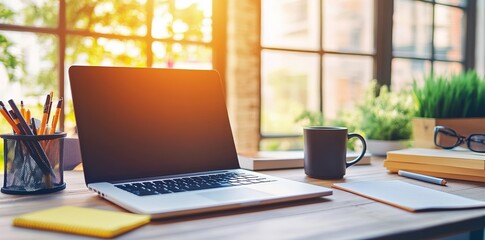 Ai generated sunlit workspace with laptop and coffee mug