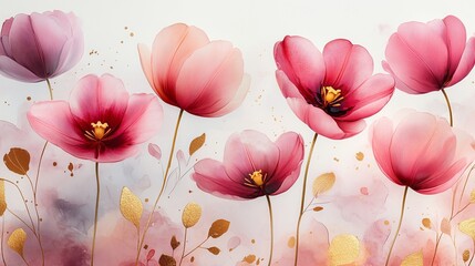 Elegant floral artwork featuring pink blooms and gold accents on a white background for home decor inspiration