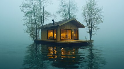Serene Wooden Cabin Floats on Misty Lake Waters