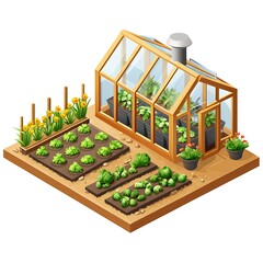 Isometric Illustration of a Greenhouse and Vegetable Garden.