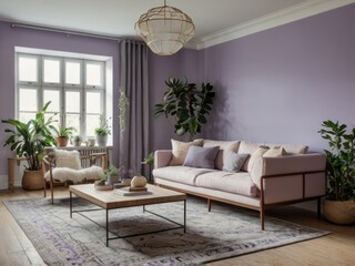 Lavender Living Room With Pink Sofa And Plants