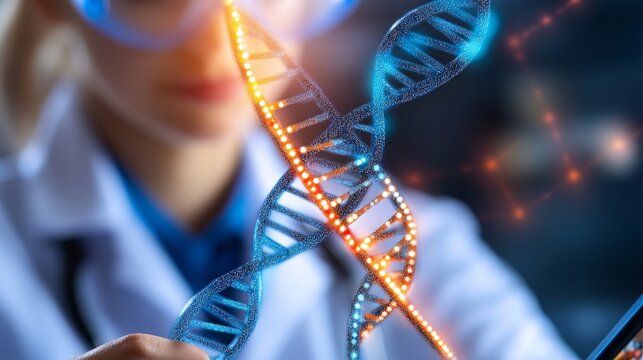 Female Scientist Analyzing Glowing DNA Strand in High-Tech Lab