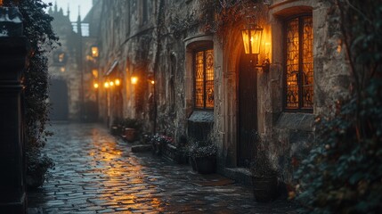Fototapeta premium A misty cobblestone lane with illuminated buildings