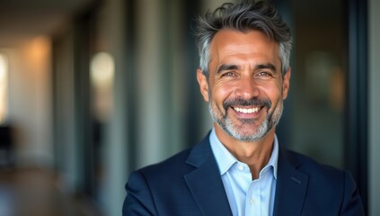 Naklejka premium Headshot close up portrait of indian or latin confident mature good looking middle age leader, ceo male businessman in suit on office background. Handsome hispanic senior business man smile at camera