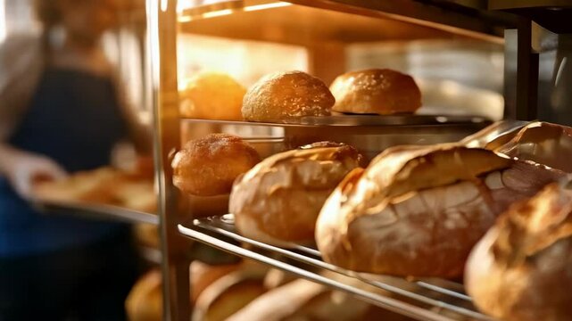 Fresh baked bread and aromatic baguettes on shelves in bakery. Golden loaves. Culinary visuals.