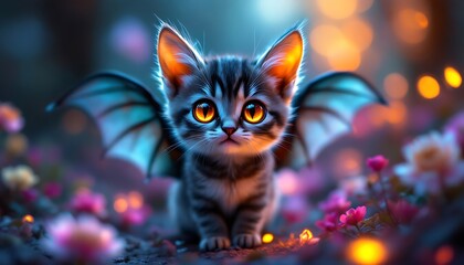 Adorable Kitten with Wings in Magical Flower Garden