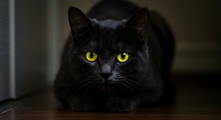 Black Cat with Striking Yellow Eyes Lying Down Indoors