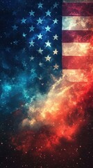 American flag overlaid with a nebula and cosmic elements