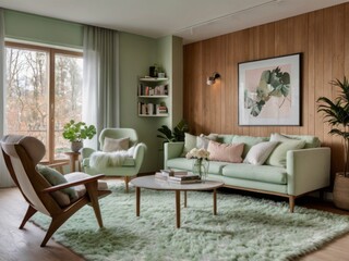 Serene Green Living Room With Wooden Accents