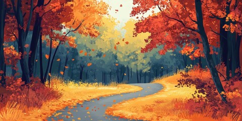 A winding path through a vibrant autumn forest landscape