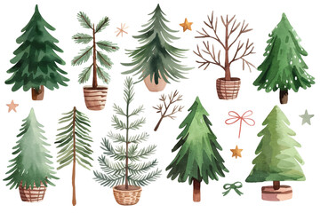Watercolor Christmas Trees Set , Spruce and Pine Tree Illustration, Watercolor Christmas vector illustration, Christmas tree , illustration , t-shirt design, greeting card Sent clause