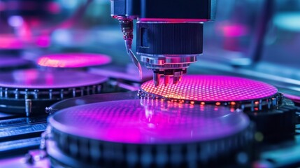 Precision equipment handles silicon wafers in a semiconductor manufacturing facility, showcasing intricate processes under vibrant lighting conditions.