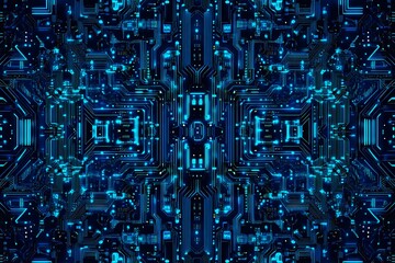 Abstract close-up of a glowing blue digital circuit board, showcasing intricate connections and technological design on a black background.
