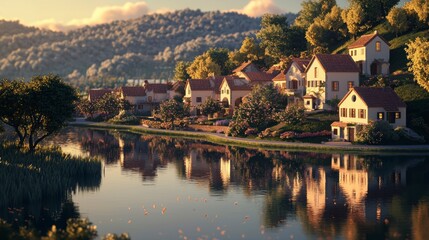 Fototapeta premium 3D Lakefront Village at Golden Dusk
