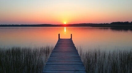 Serene Sunset Over Calm Lake With Wooden Dock