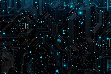 Abstract close-up of a glowing blue digital circuit board, showcasing intricate connections and technological design on a black background.
