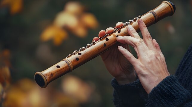 Male hands playing carved wooden kazoo outdoors. Traditional musical moment of folk-inspired sound