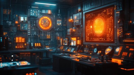 Futuristic Control Room With Orange And Blue Lighting