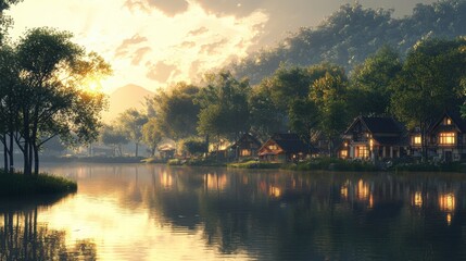 Fototapeta premium Golden Rays on a 3D Lakeside Hamlet