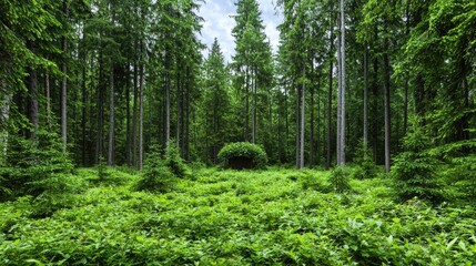 Lush green forest, hidden shelter, summer day, nature escape