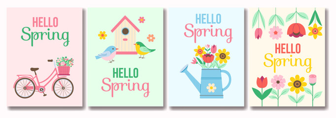 Obraz premium A set of four spring greeting cards with a bicycle, bird, flower vase