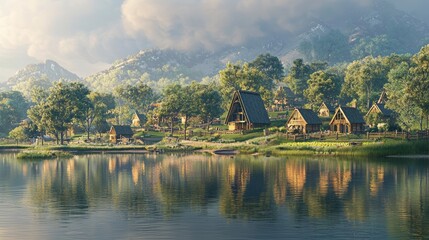 Fototapeta premium Golden Rays on a 3D Lakeside Hamlet