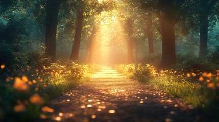 Sunlit Path Through A Serene Forest With Flowers