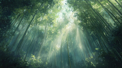 Sunlight Filtering Through Lush Bamboo Forest Canopy in Nature