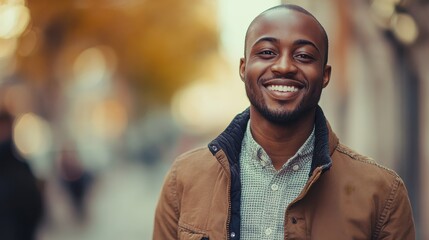 Naklejka premium Portrait of Fashionable Man in Jacket Smiling Warmly
