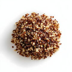 a professional studio top view closeup photo of a quinoa fistful, on a flat pure white background.