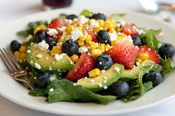 Fresh salad with avocado, strawberries, blueberries, corn, and feta