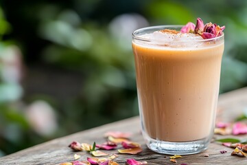 Creamy iced chai latte with rose petals and cinnamon in a glass on a wooden table