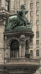City building, bronze statue, architectural detail, urban scene, overcast day, historical building, travel photography