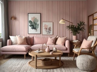 Fototapeta premium Pink Living Room Decor Featuring Sectional Sofa and Artwork
