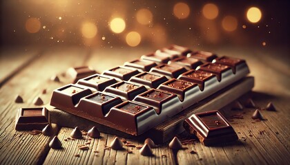 A bar of dark chocolate resting on a rustic wooden table