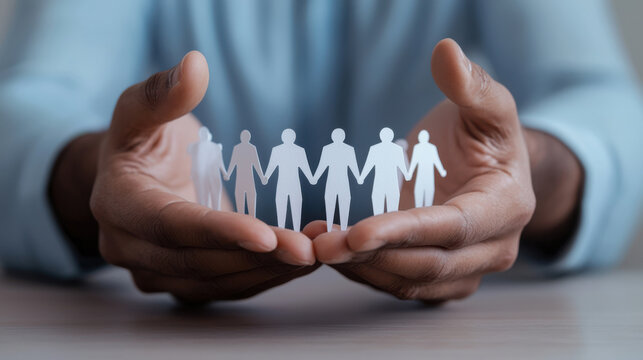 Hands holding paper cutouts of diverse people representing unity and community support.