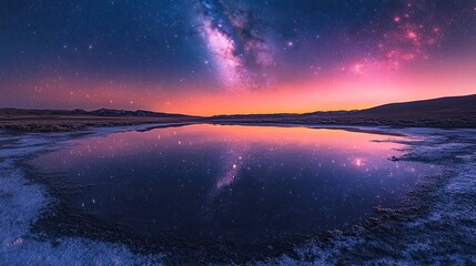 Fototapeta premium Celestial Reflection in a Still Desert Lake at Night