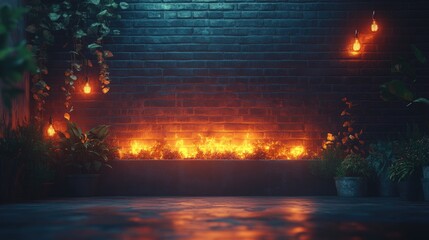 Obraz premium Nighttime fire pit scene with plants and Edison bulbs