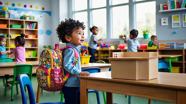 Happy preschool children in a colorful classroom with backpacks, engaging in activities, and exploring their environment

