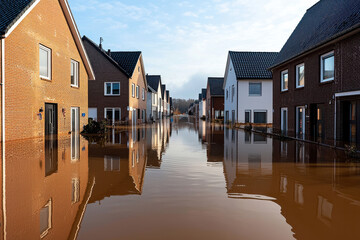 Residential area submerged in floodwaters, highlighting the impact of climate change.