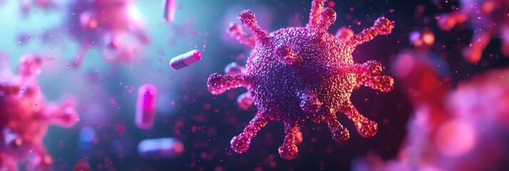 Fototapeta premium A vibrant, microscopic view of a virus, surrounded by colorful elements, representing the complexity of pathogens in a digital art style.