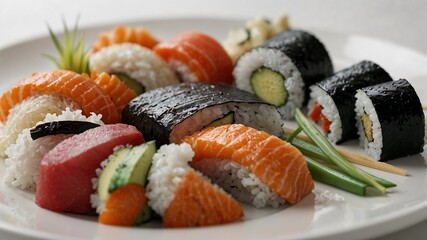 Assorted sushi rolls and sashimi on a white plate with chopsticks, copy space