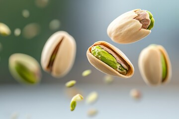 Close-up of fresh pistachios in mid-air with blurred background