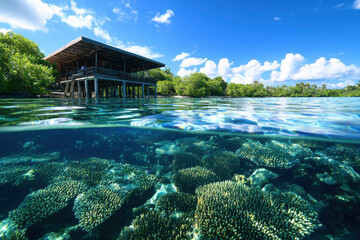 Stunning underwater view showcasing vibrant coral reefs and serene coastline.