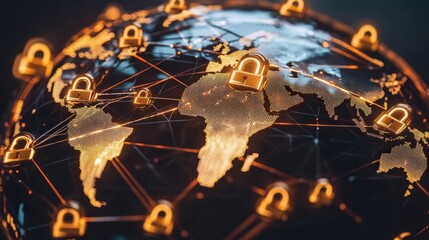 Global Network Security: A Futuristic Illustration of Interconnected Padlock Icons on a Digital World Map
